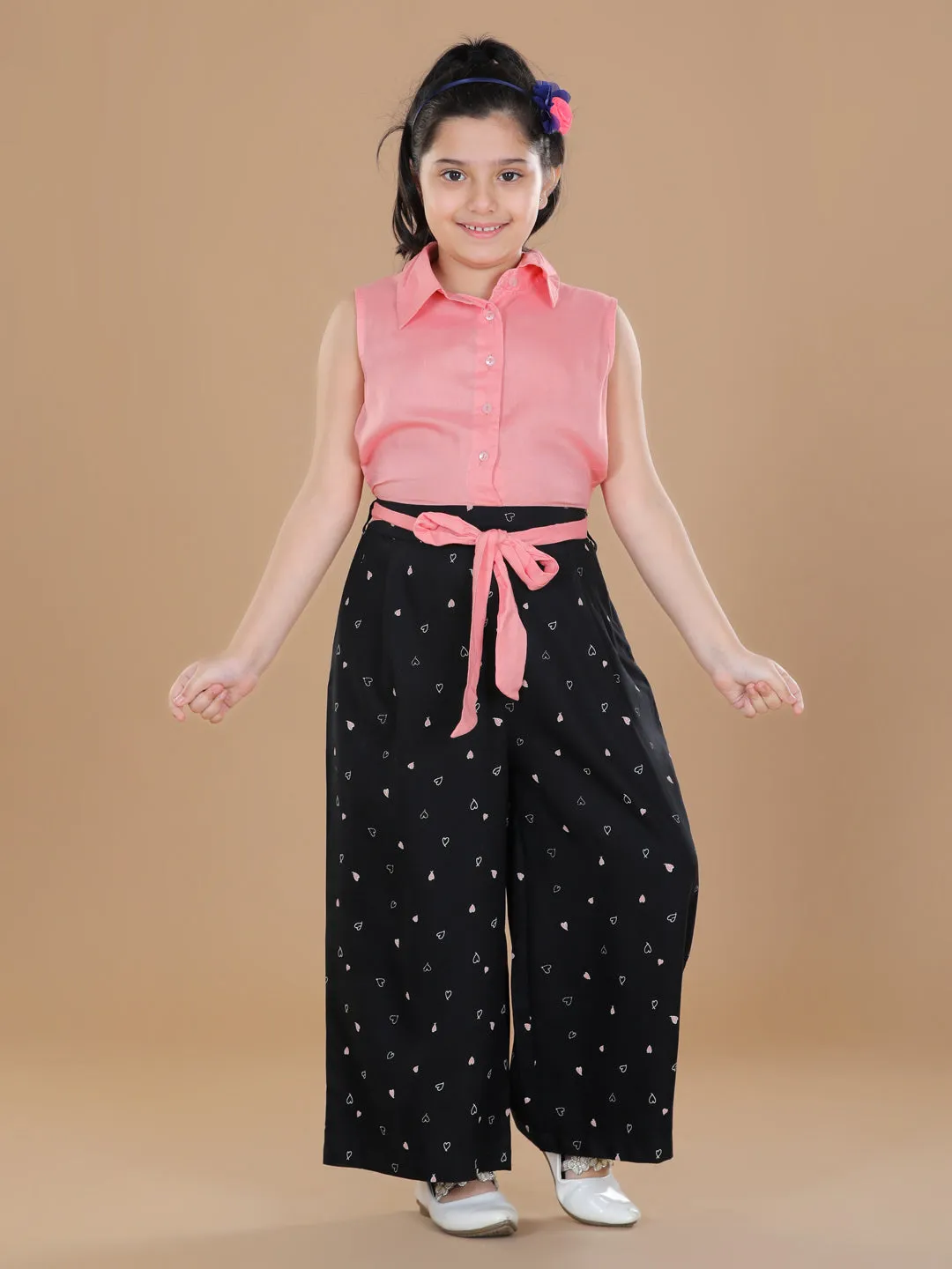 Girl's  Rayon Peach & Black Jumpsuit - StyleStone Kid