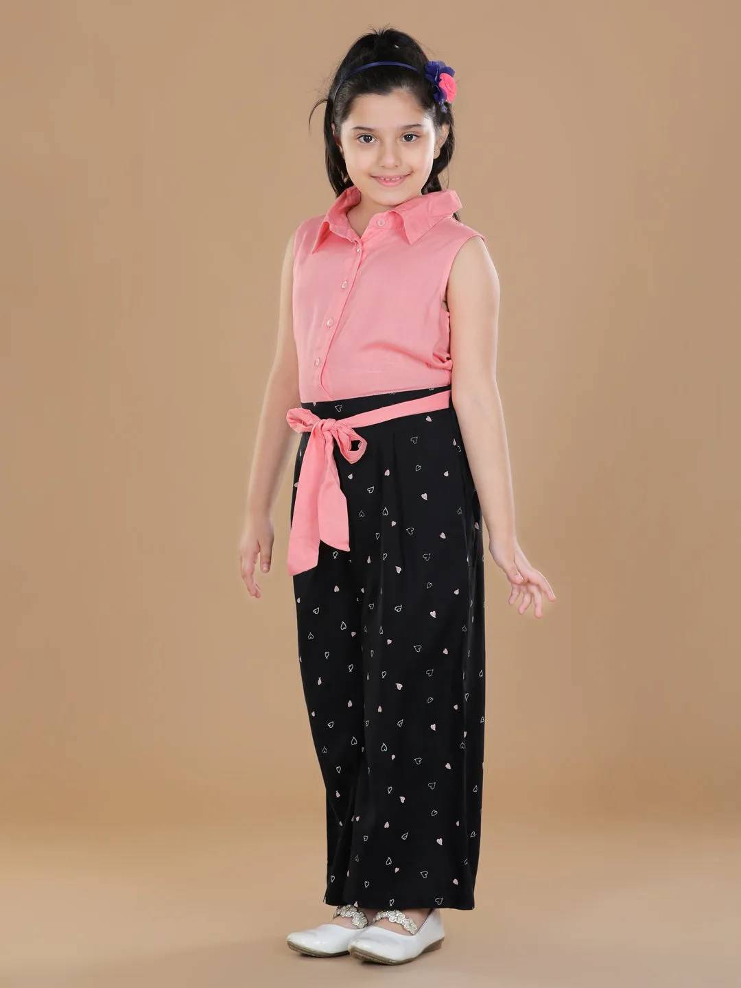 Girl's  Rayon Peach & Black Jumpsuit - StyleStone Kid