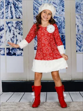 Girls Red Snowflake Print Rosette Cuffed Dress Girls Red Snowflake Print Rosette Cuffed Dress