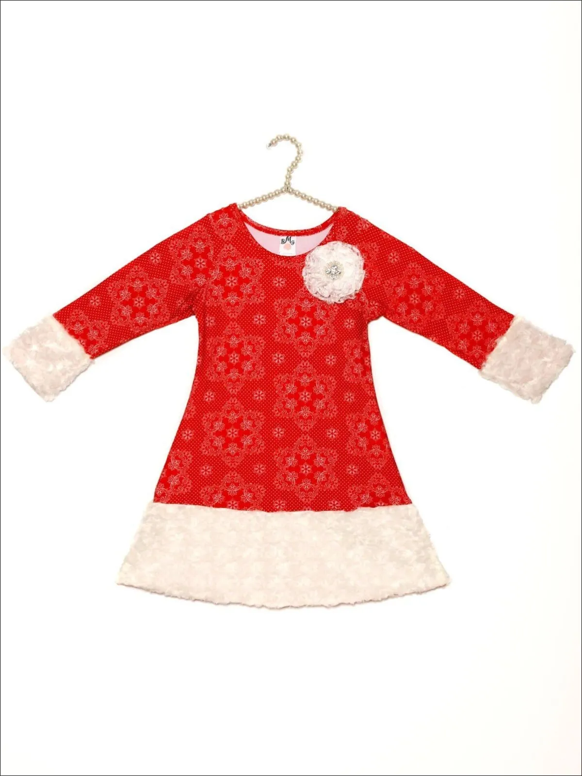 Girls Red Snowflake Print Rosette Cuffed Dress