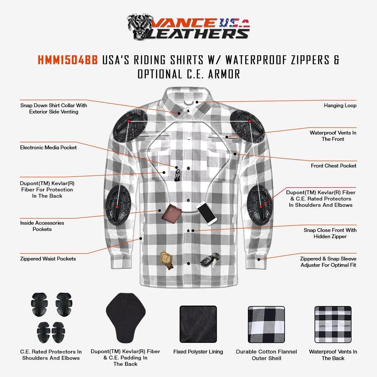 HMM1504GB Vance Leathers USA’s Riding Shirts with Waterproof Zippers & Optional C.E. Armor