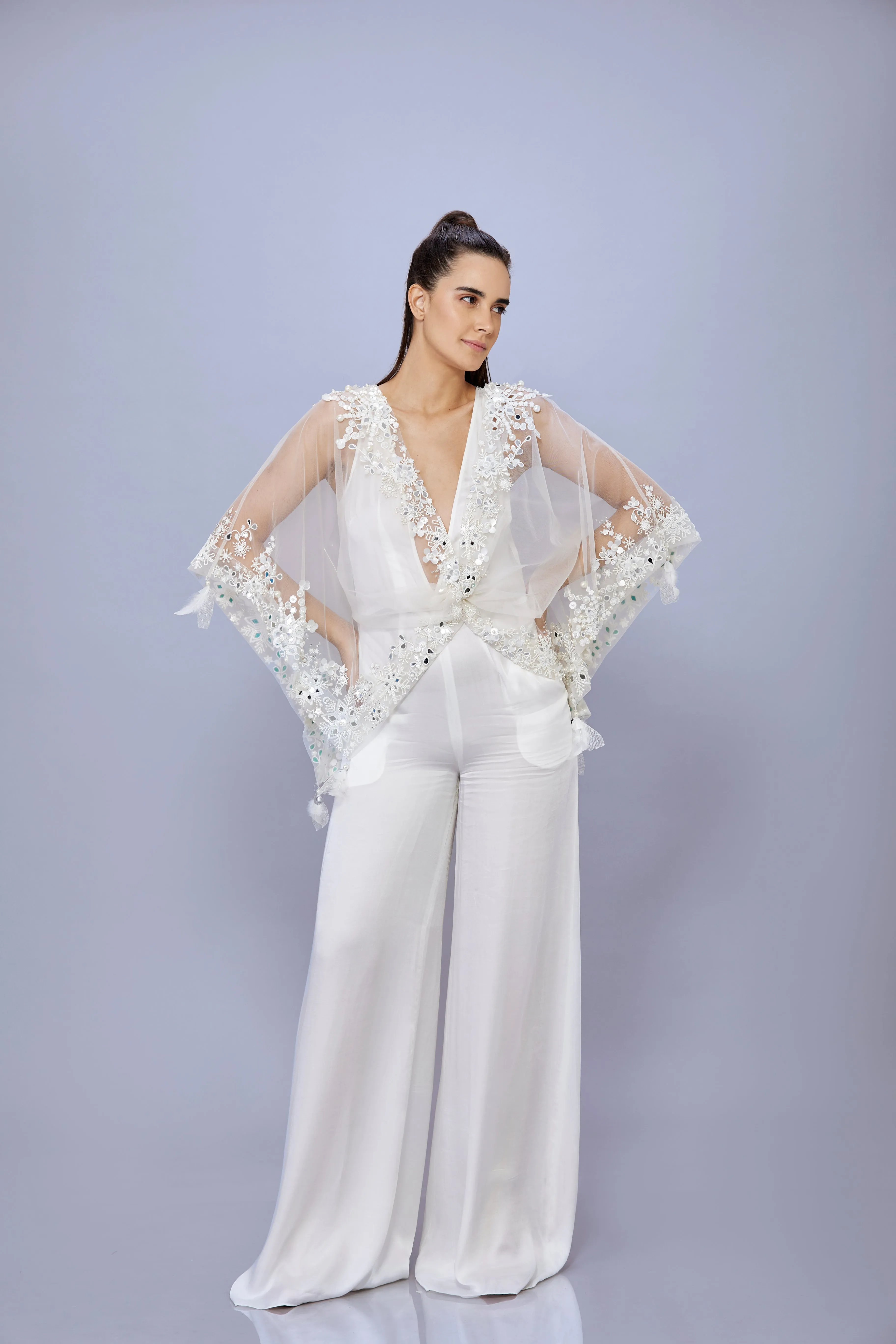 Ivory Net mirrors & sequins snowflake Kaftan   Jumpsuit
