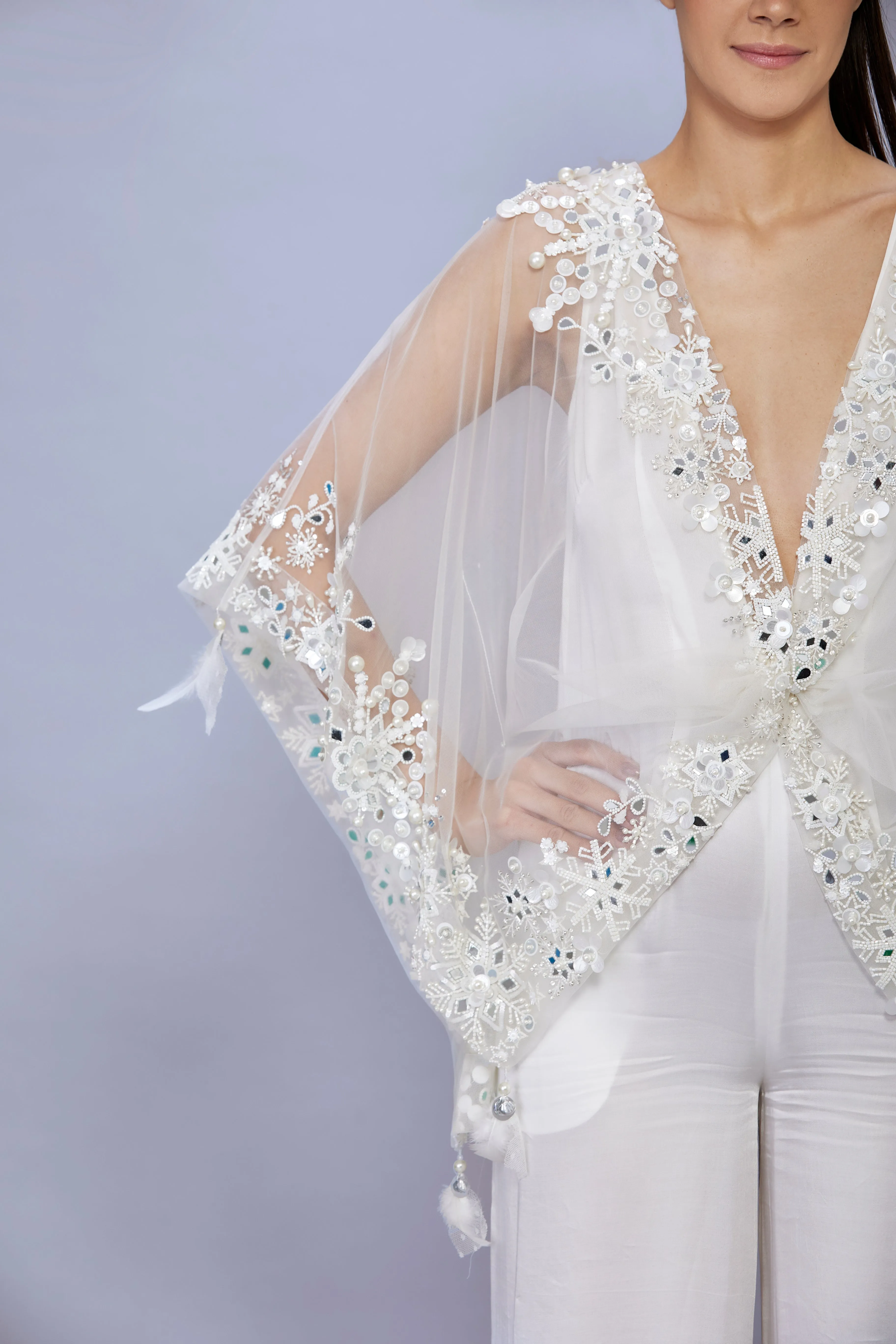 Ivory Net mirrors & sequins snowflake Kaftan   Jumpsuit