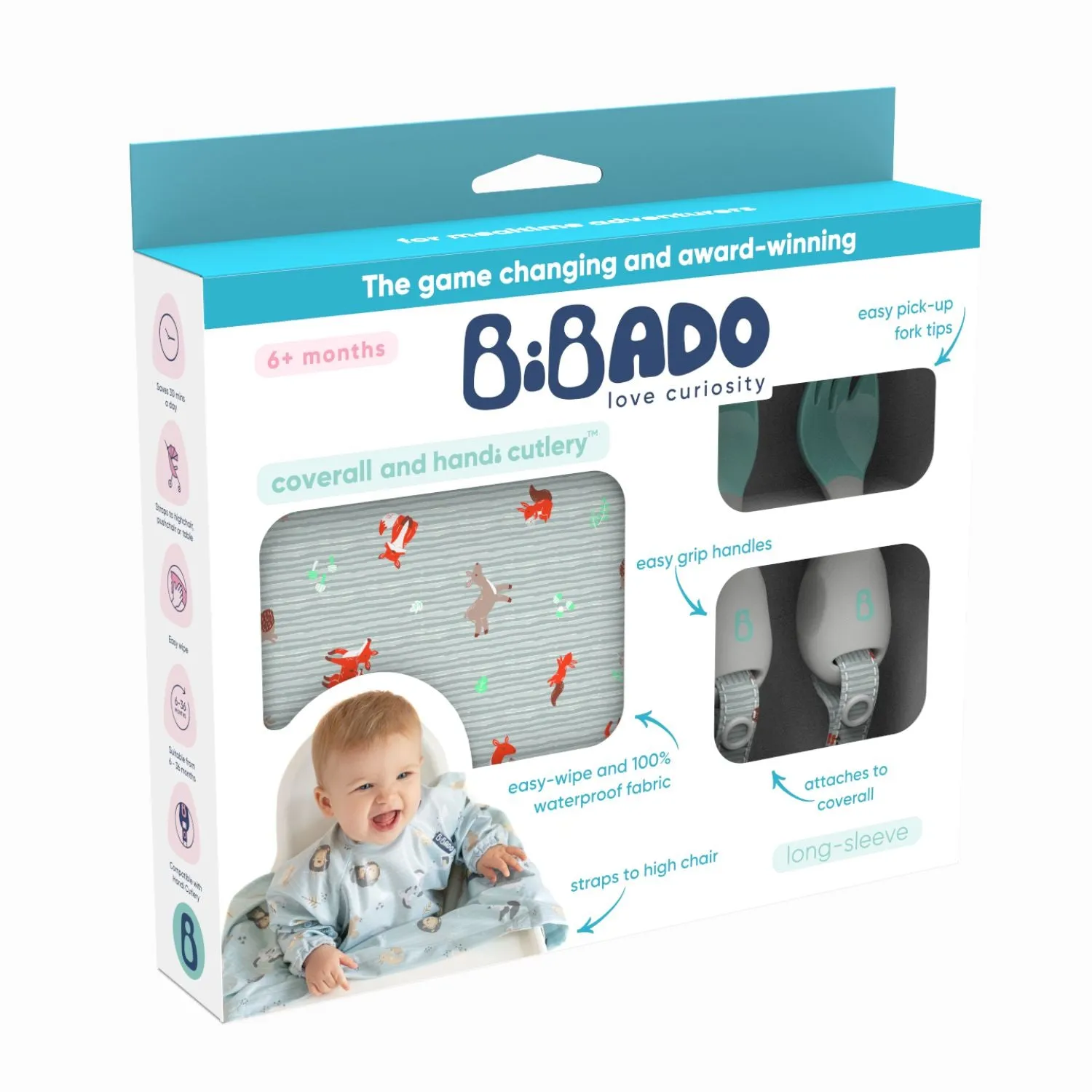 Long Sleeve Coverall & Attachable Handi Cutlery Bundle Woodland Friends Grey