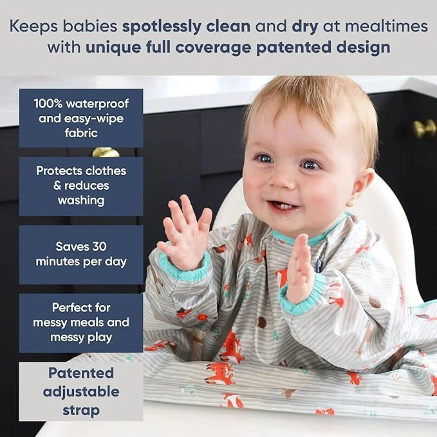 Long Sleeve Coverall & Attachable Handi Cutlery Bundle Woodland Friends Grey