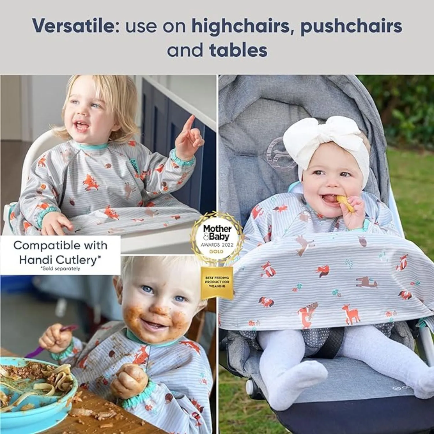 Long Sleeve Coverall & Attachable Handi Cutlery Bundle Woodland Friends Grey