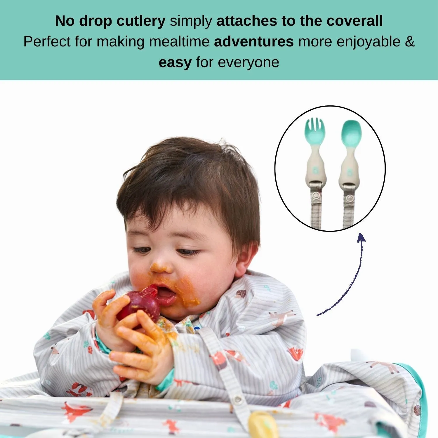 Long Sleeve Coverall & Attachable Handi Cutlery Bundle Woodland Friends Grey