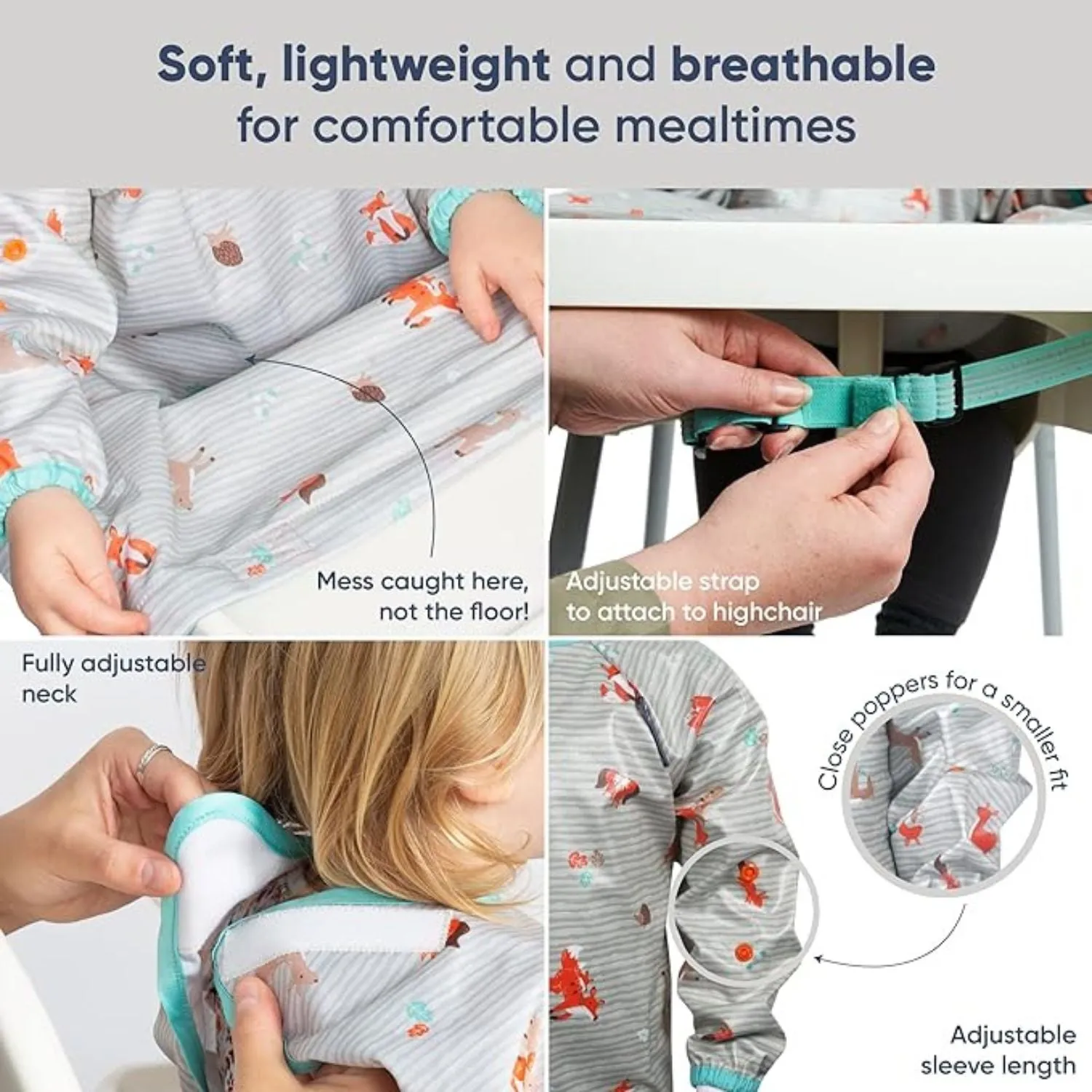 Long Sleeve Coverall & Attachable Handi Cutlery Bundle Woodland Friends Grey