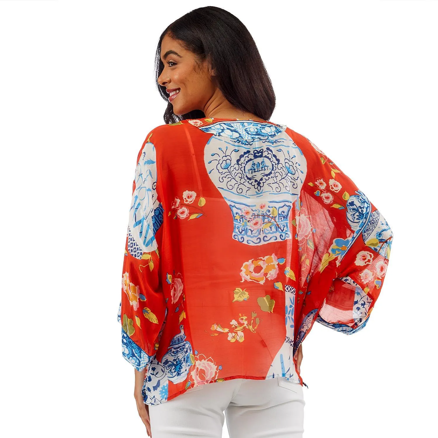 One Hundred Stars Blue Vase Print Red Short Kimono