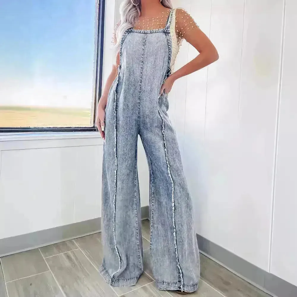 Retro Washed Raw Edge Denim Wide-leg Suspender Denim  Jumpsuit Baggy Denim Jeans Jumper