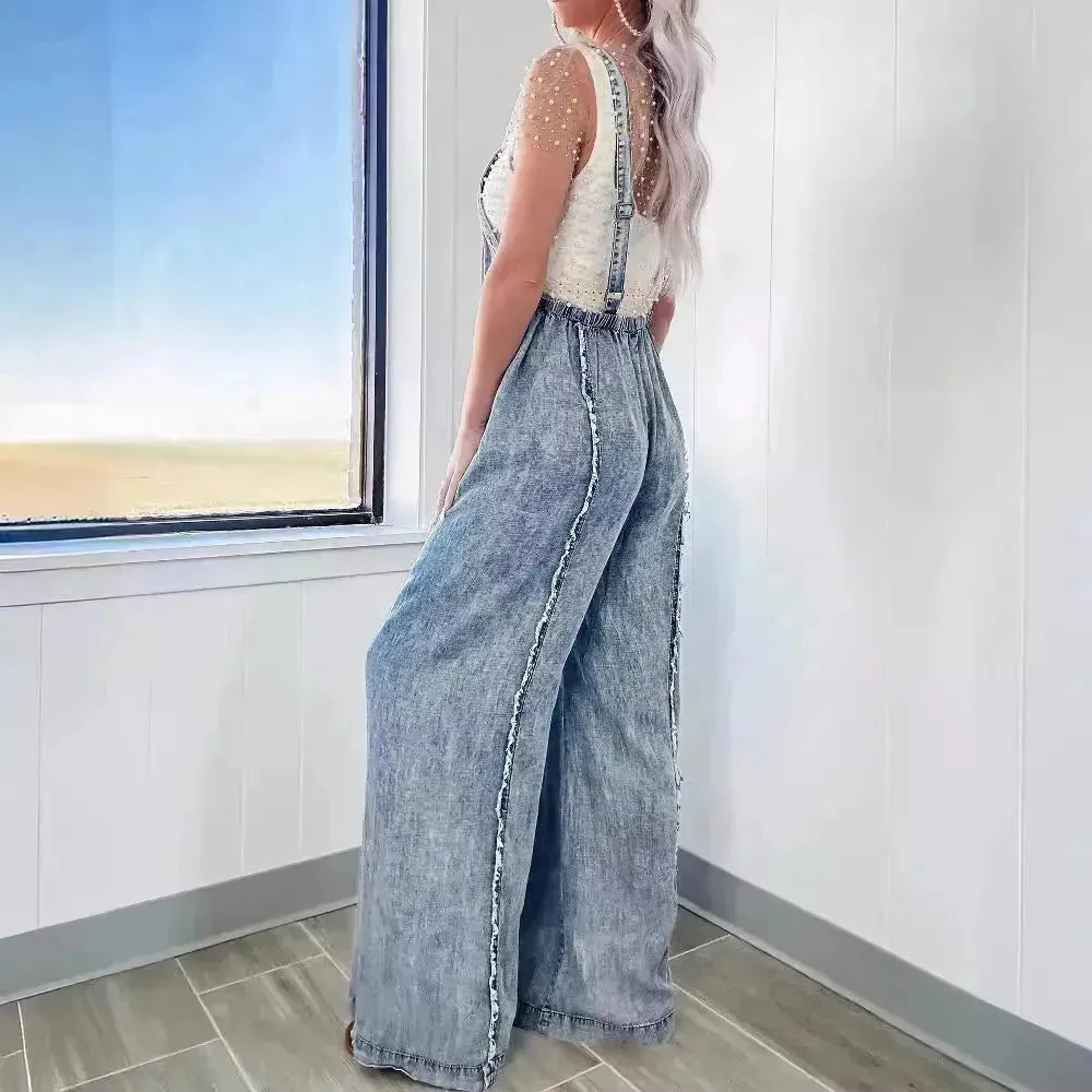 Retro Washed Raw Edge Denim Wide-leg Suspender Denim  Jumpsuit Baggy Denim Jeans Jumper