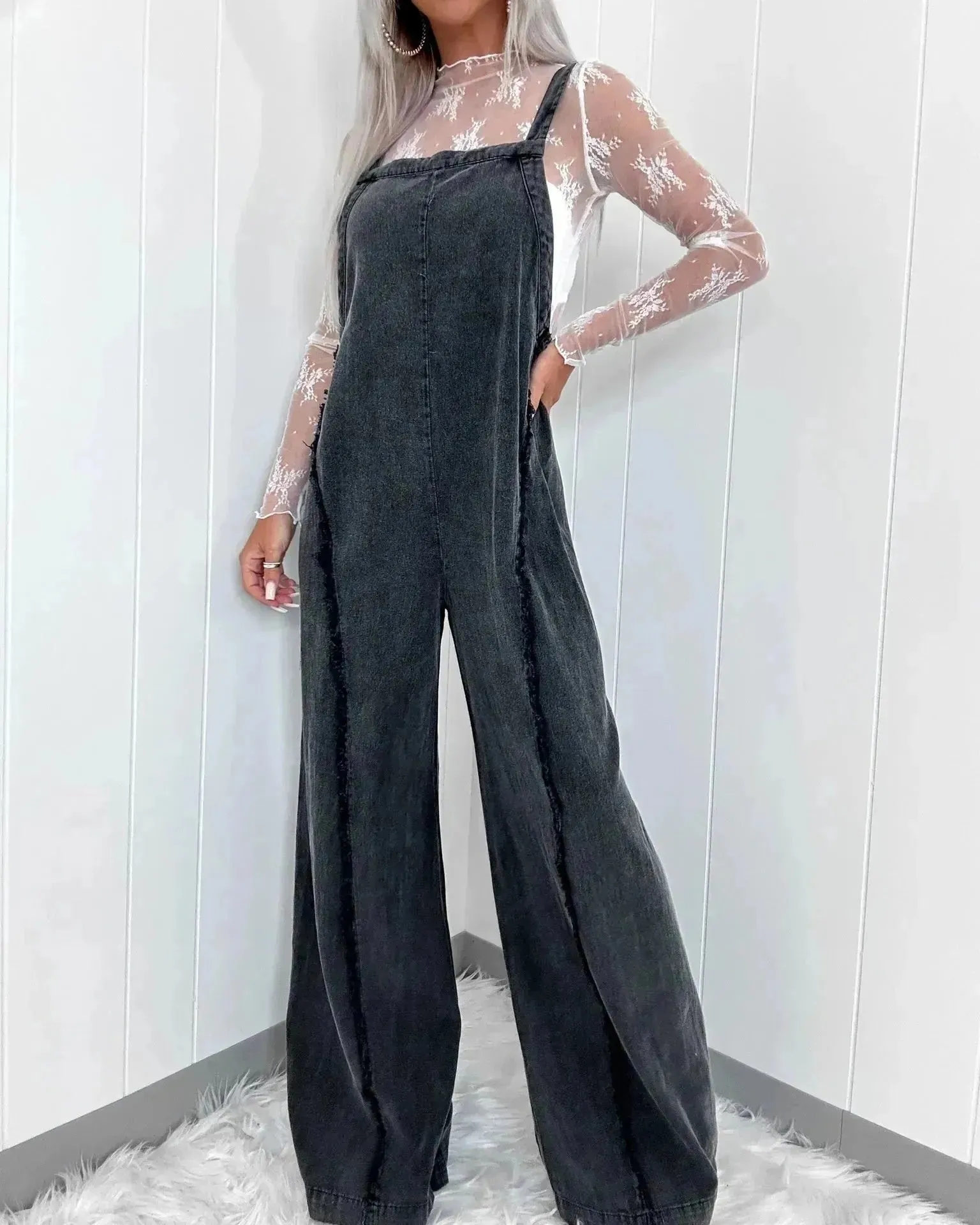 Retro Washed Raw Edge Denim Wide-leg Suspender Denim  Jumpsuit Baggy Denim Jeans Jumper