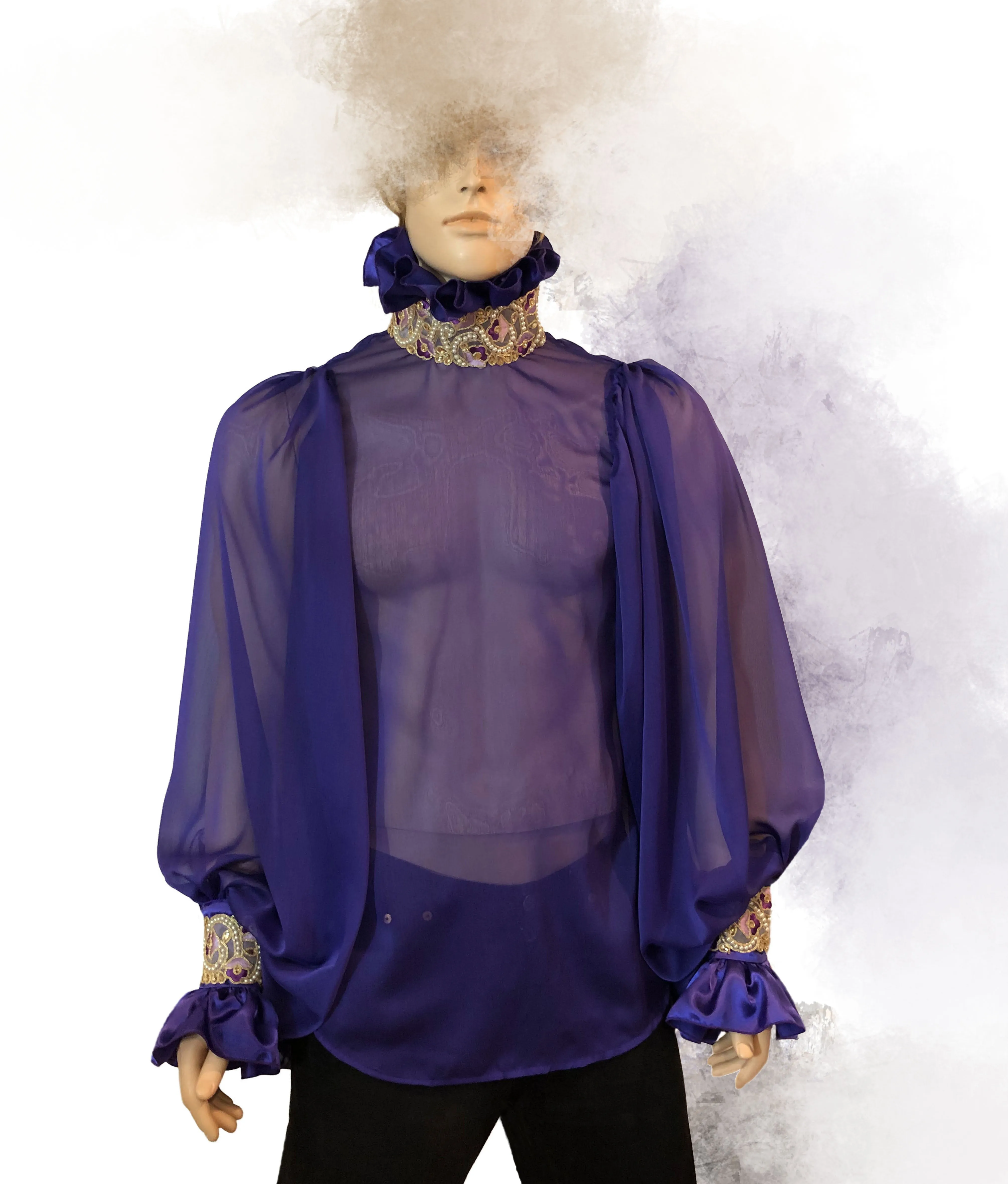 See- Through Chiffon & Satin Men's Ruffles Dressy Shirt