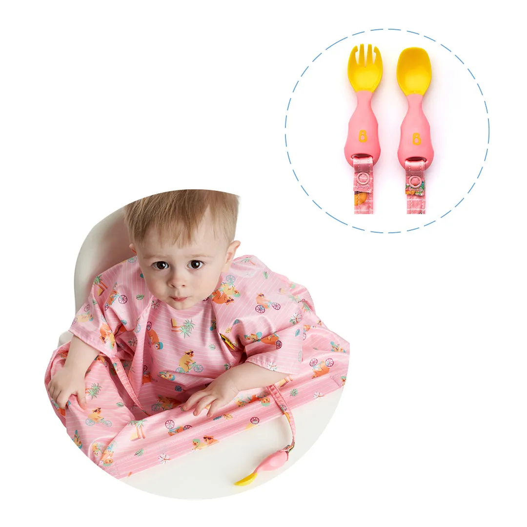 Short-sleeve Coverall Weaning Bib   Attachable Weaning Cutlery Set Teddy Bear Pink
