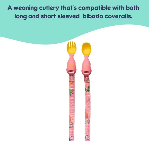 Short-sleeve Coverall Weaning Bib   Attachable Weaning Cutlery Set Teddy Bear Pink