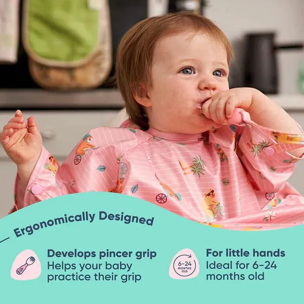 Short-sleeve Coverall Weaning Bib   Attachable Weaning Cutlery Set Teddy Bear Pink