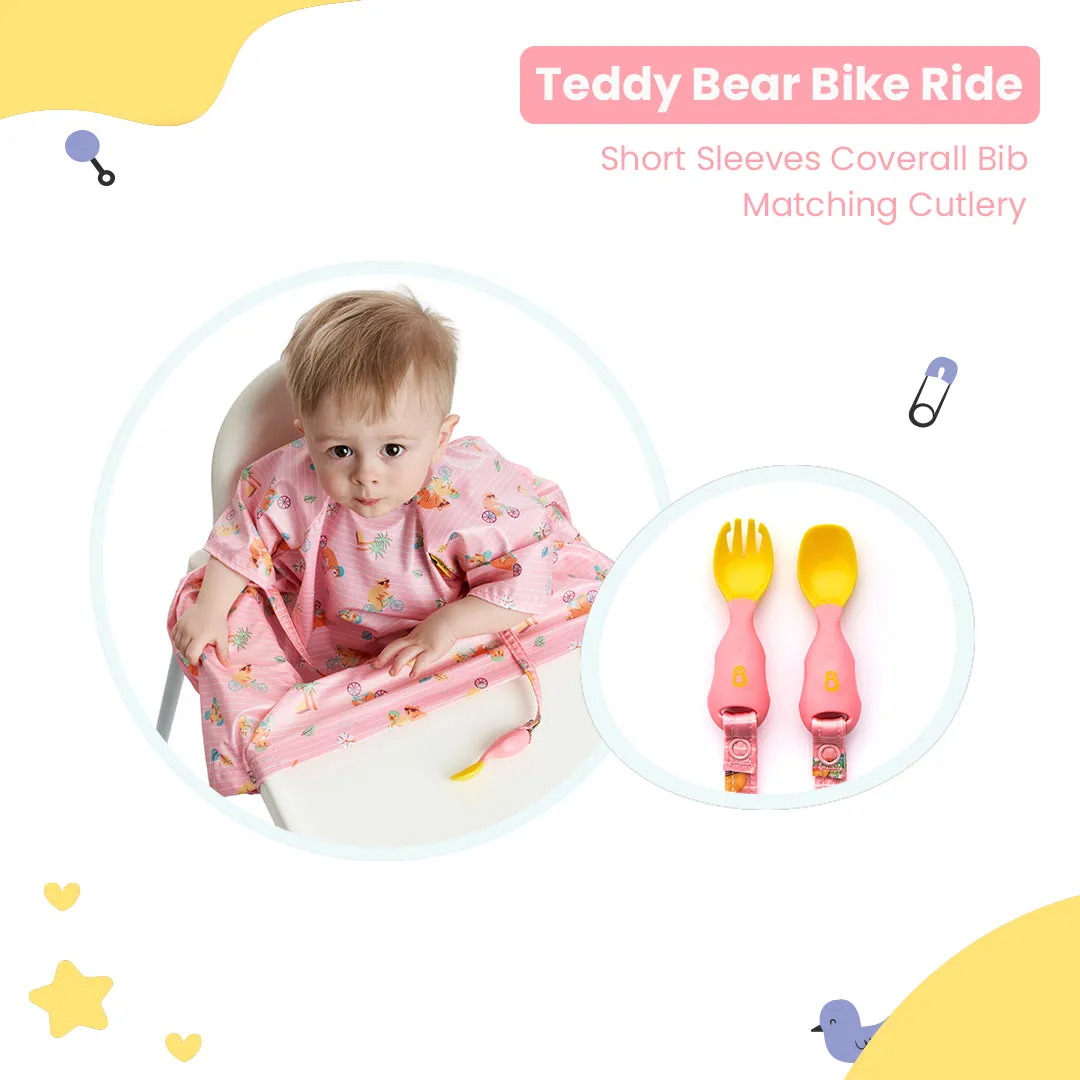 Short-sleeve Coverall Weaning Bib   Attachable Weaning Cutlery Set Teddy Bear Pink