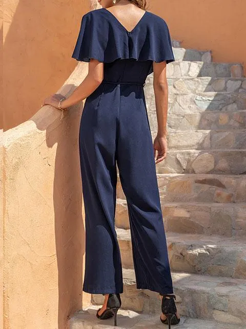 Solid Color Tie-waist Wide-leg Casual Jumpsuit