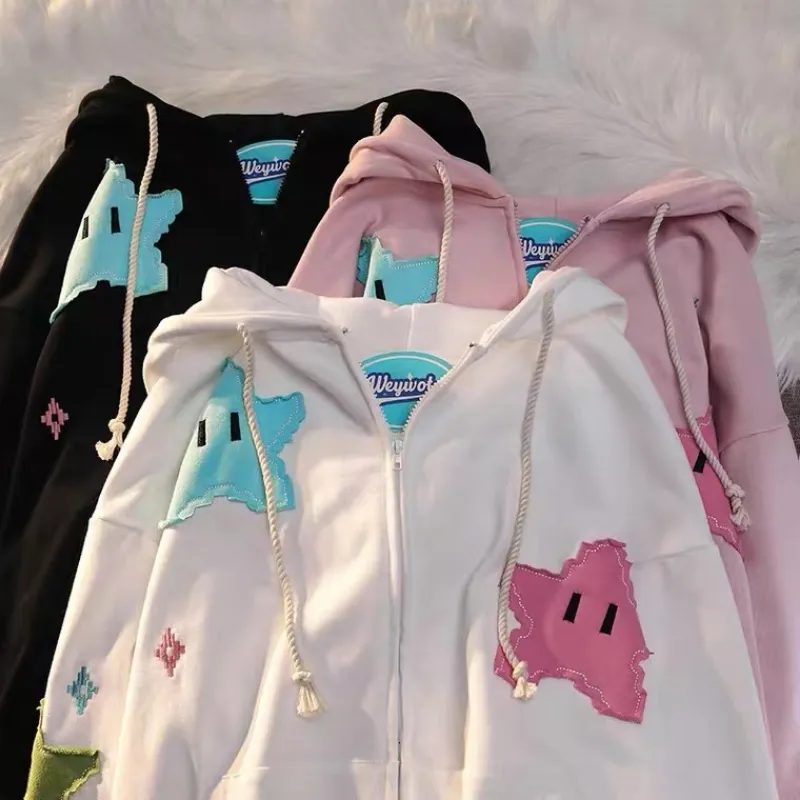 Starry Night Dreams: Kawaii Cartoon Star Zipper Hoodie - Your Key to Cozy Style and Cosmic Charm! 🌟🌙