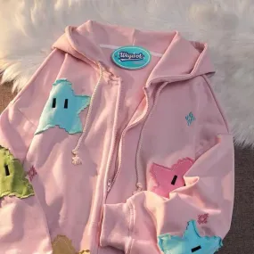 Starry Night Dreams: Kawaii Cartoon Star Zipper Hoodie - Your Key to Cozy Style and Cosmic Charm! 🌟🌙