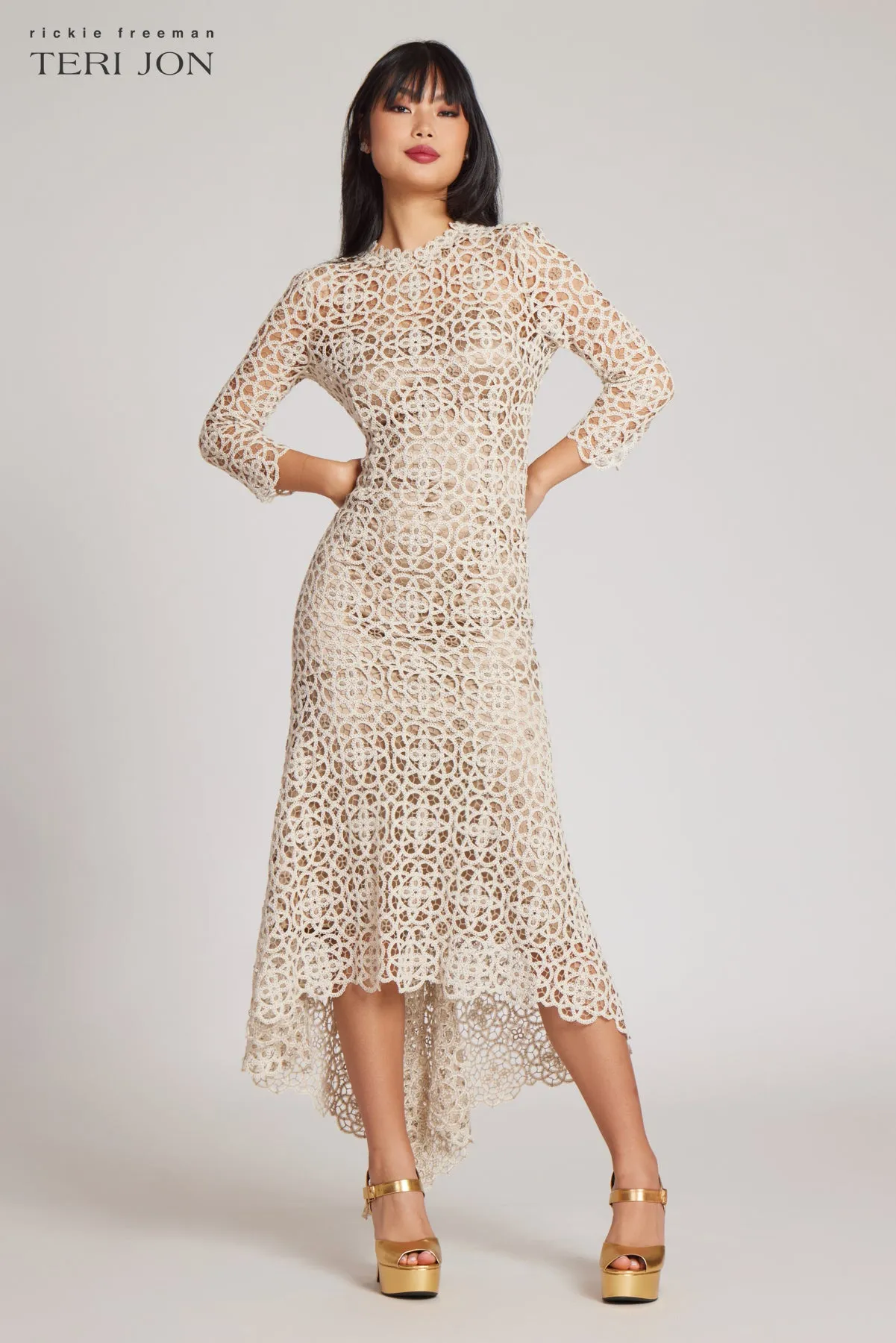 Stretch Crochet 3/4 Sleeve High Low Hem Dress