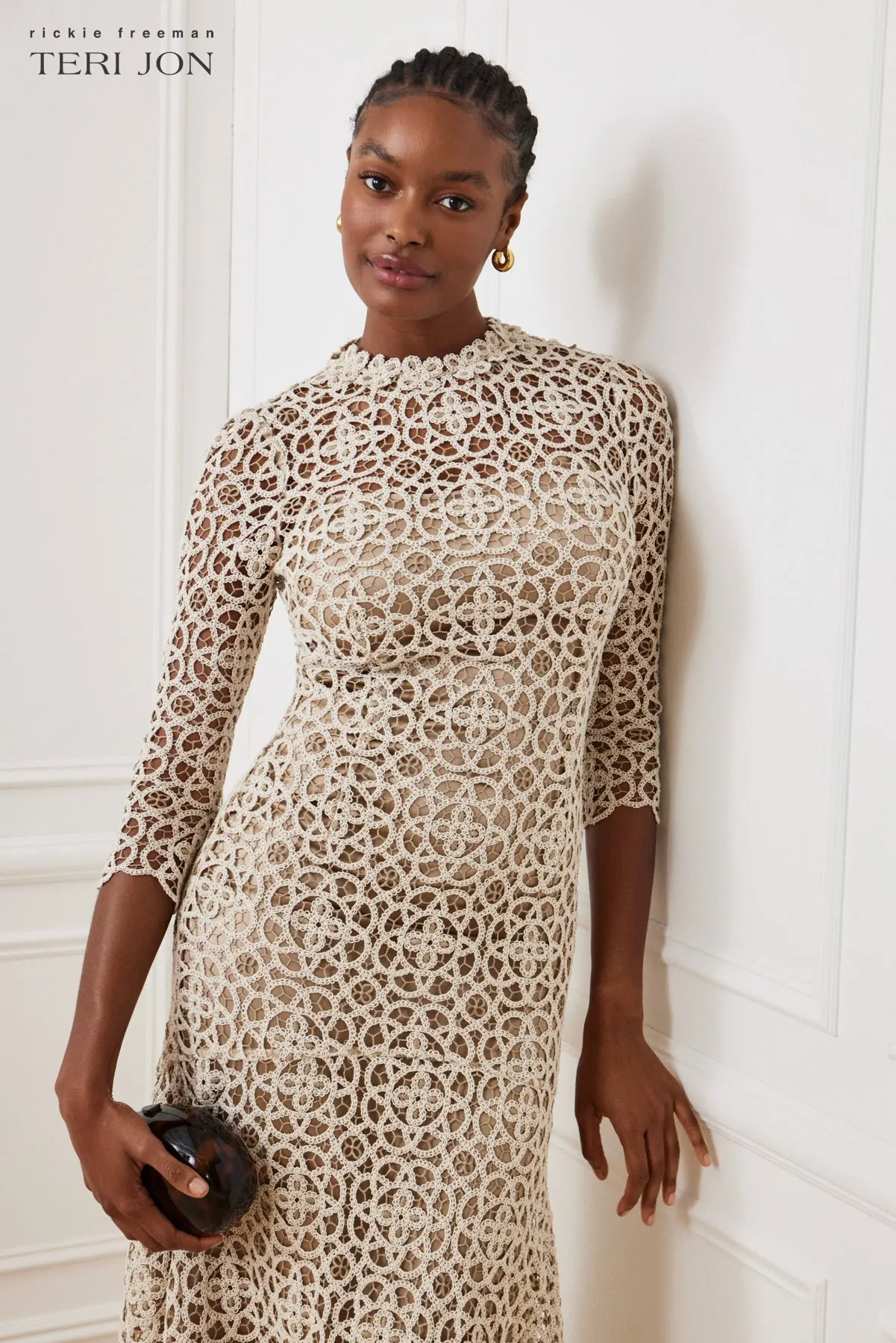 Stretch Crochet 3/4 Sleeve High Low Hem Dress