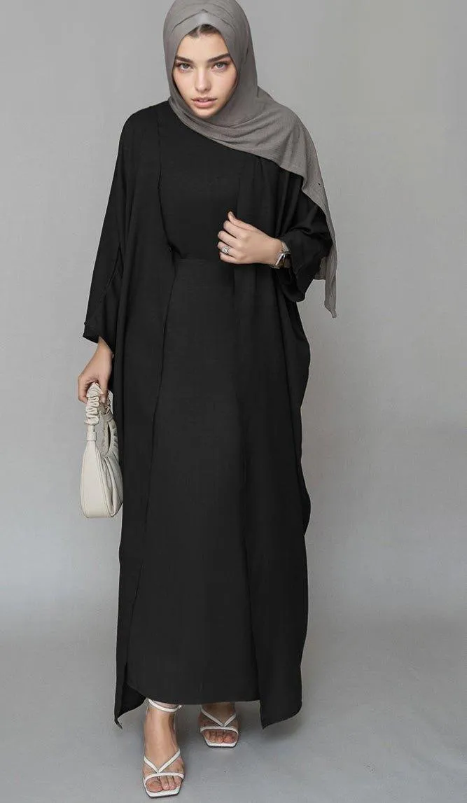 Trinia linen natural fabric 3 piece set with inner slip dress, apron and open front abaya in black