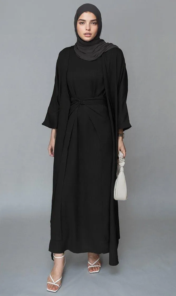 Trinia linen natural fabric 3 piece set with inner slip dress, apron and open front abaya in black