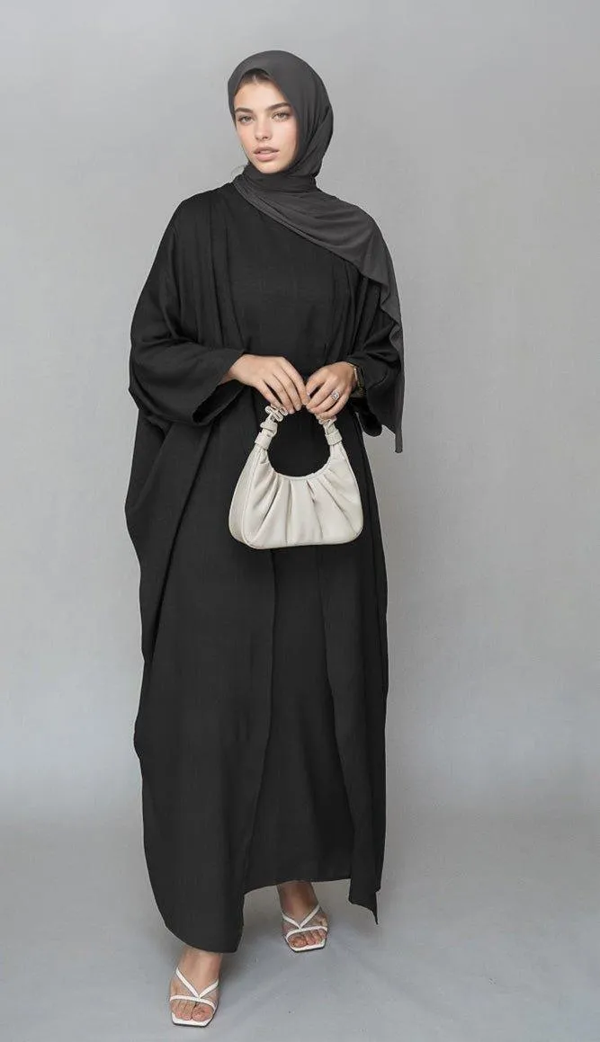 Trinia linen natural fabric 3 piece set with inner slip dress, apron and open front abaya in black
