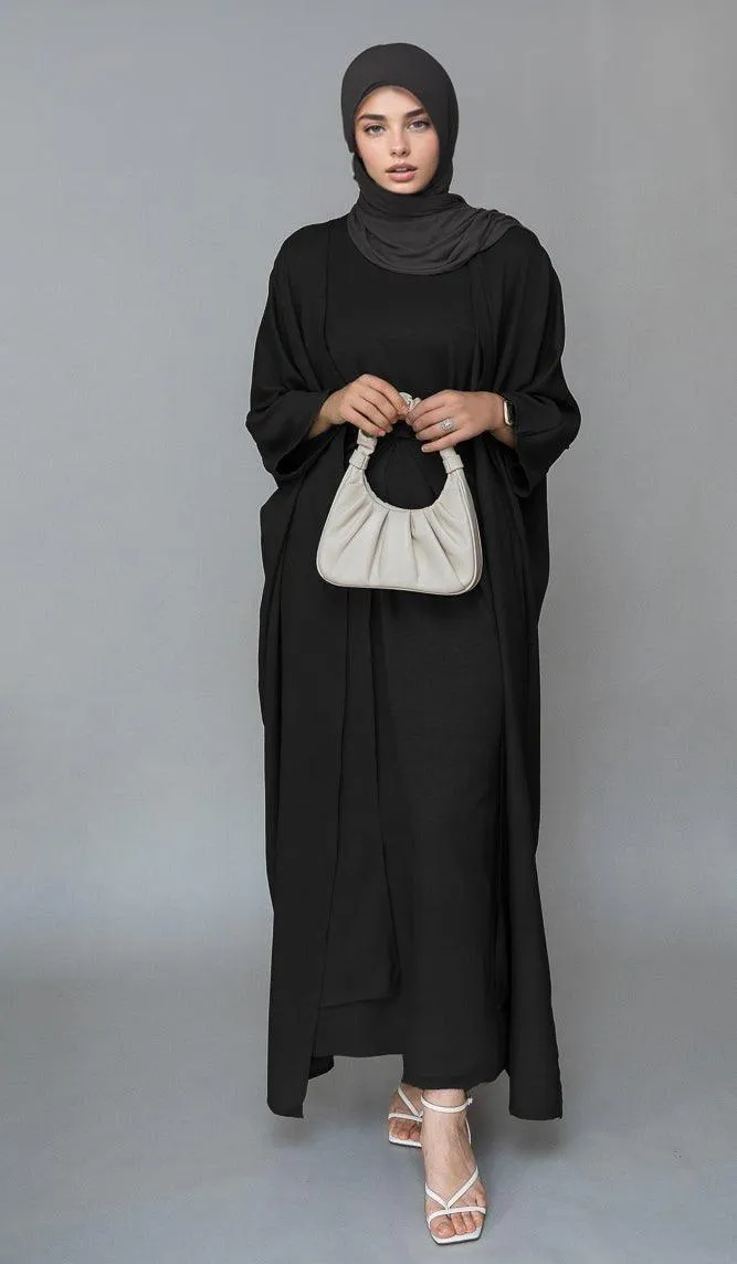 Trinia linen natural fabric 3 piece set with inner slip dress, apron and open front abaya in black
