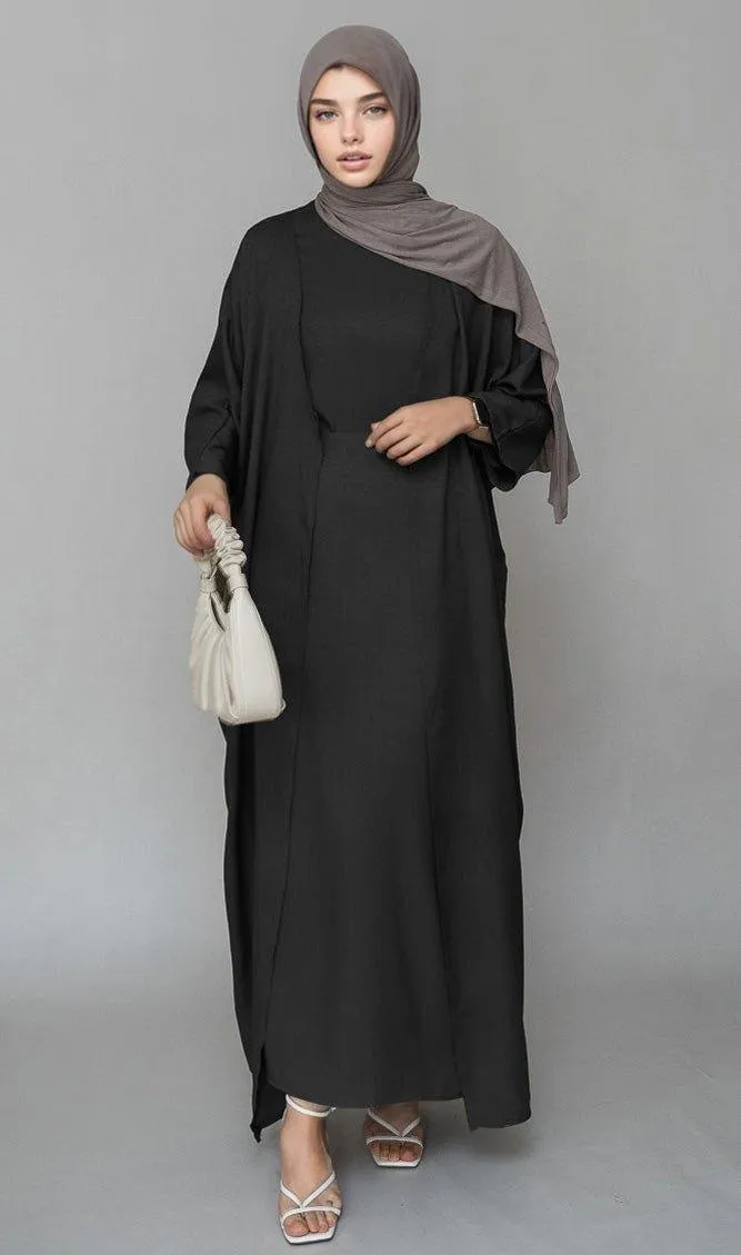 Trinia linen natural fabric 3 piece set with inner slip dress, apron and open front abaya in black