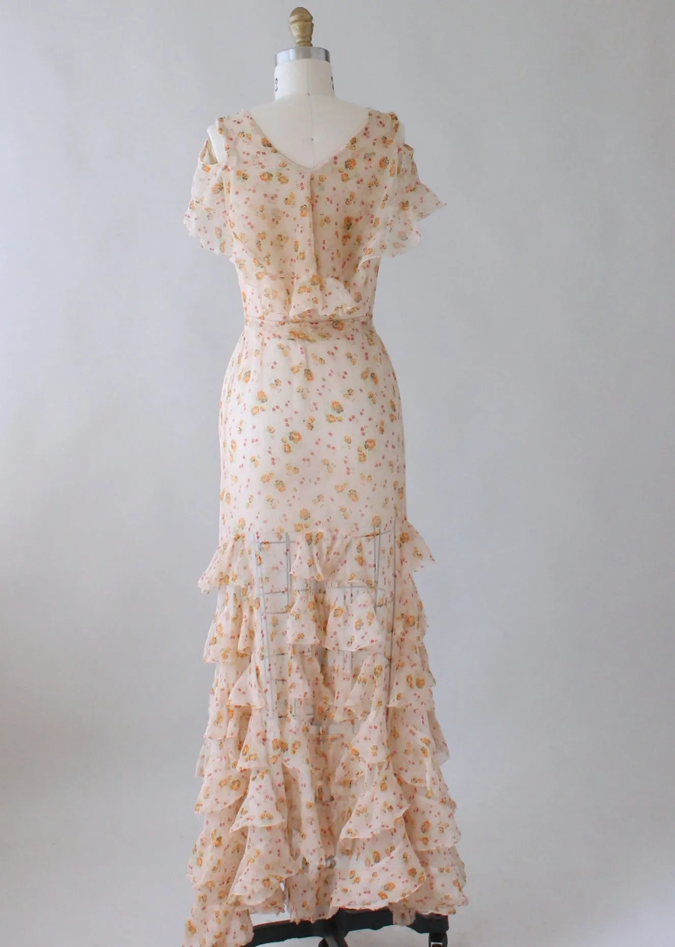 Vintage 1930s Floral Crepe Ruffled Lawn Party Dress