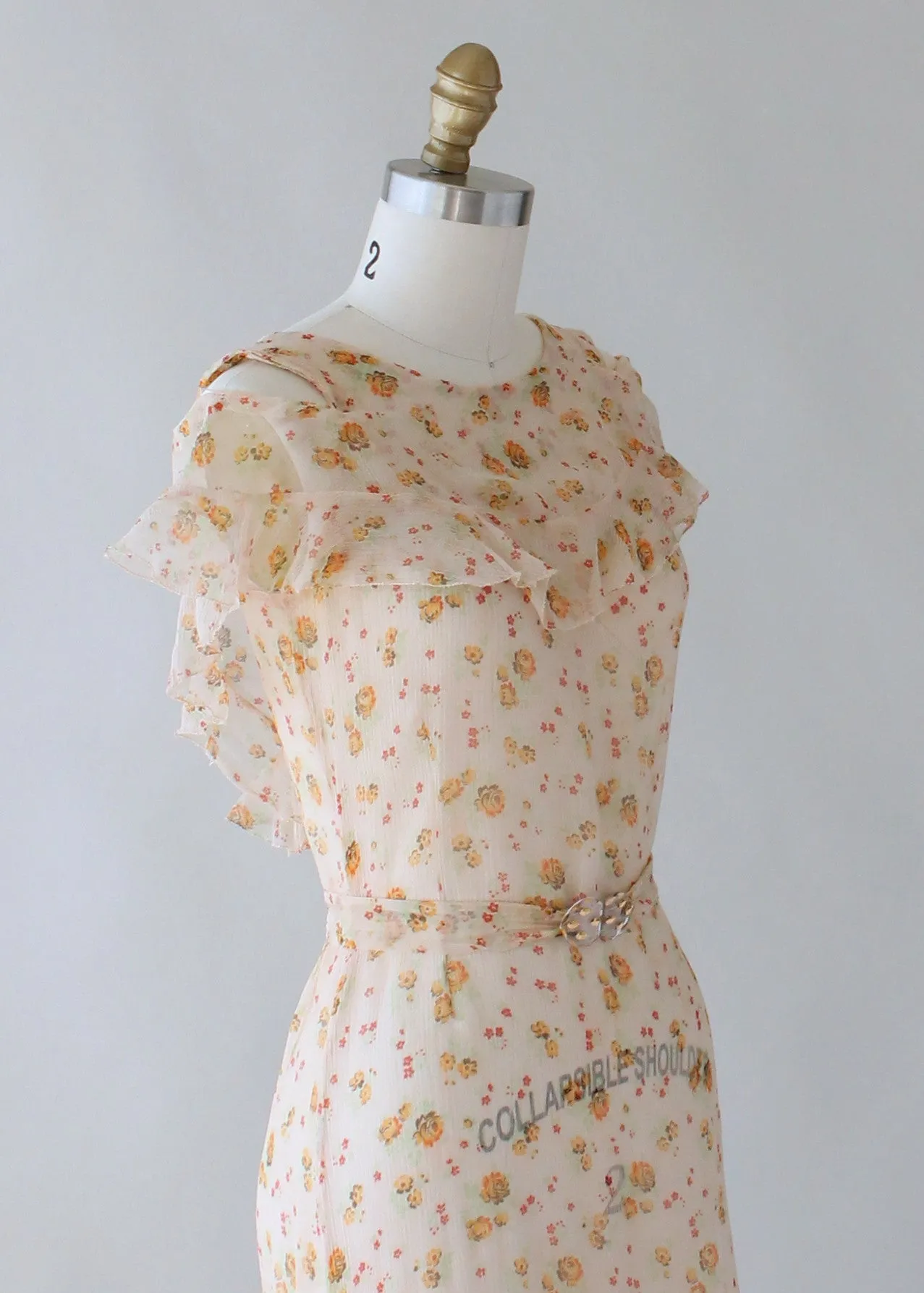 Vintage 1930s Floral Crepe Ruffled Lawn Party Dress