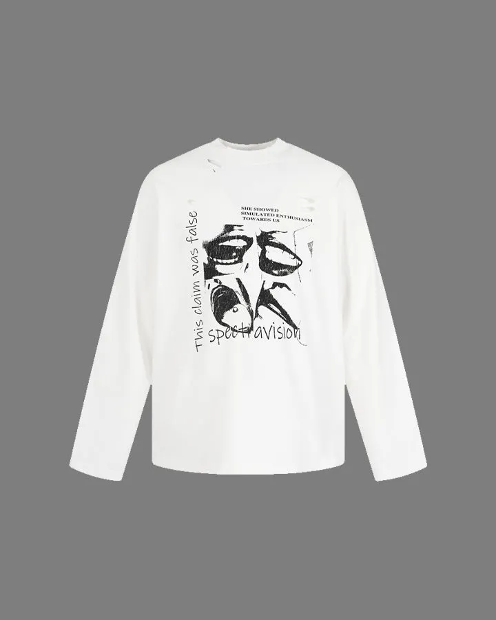 Vintage Print Ripped Long Sleeve T-Shirt