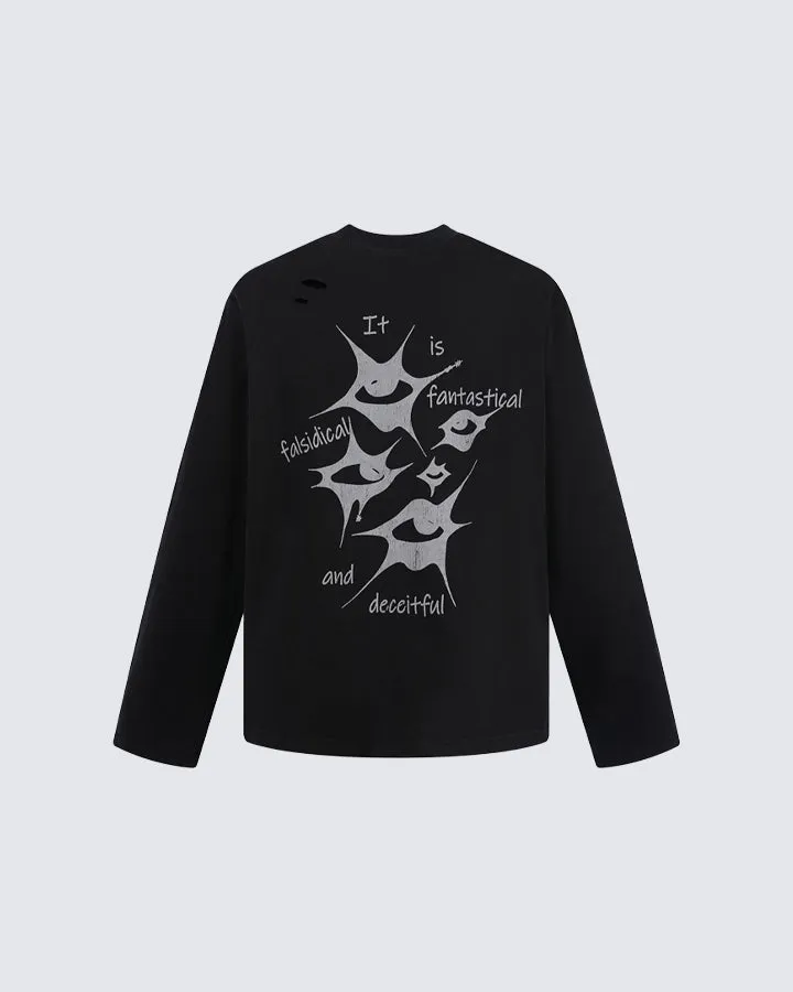 Vintage Print Ripped Long Sleeve T-Shirt