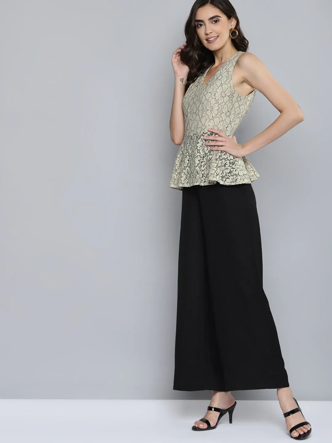 Women Beige Lace Sleeveless Peplum Jumpsuit