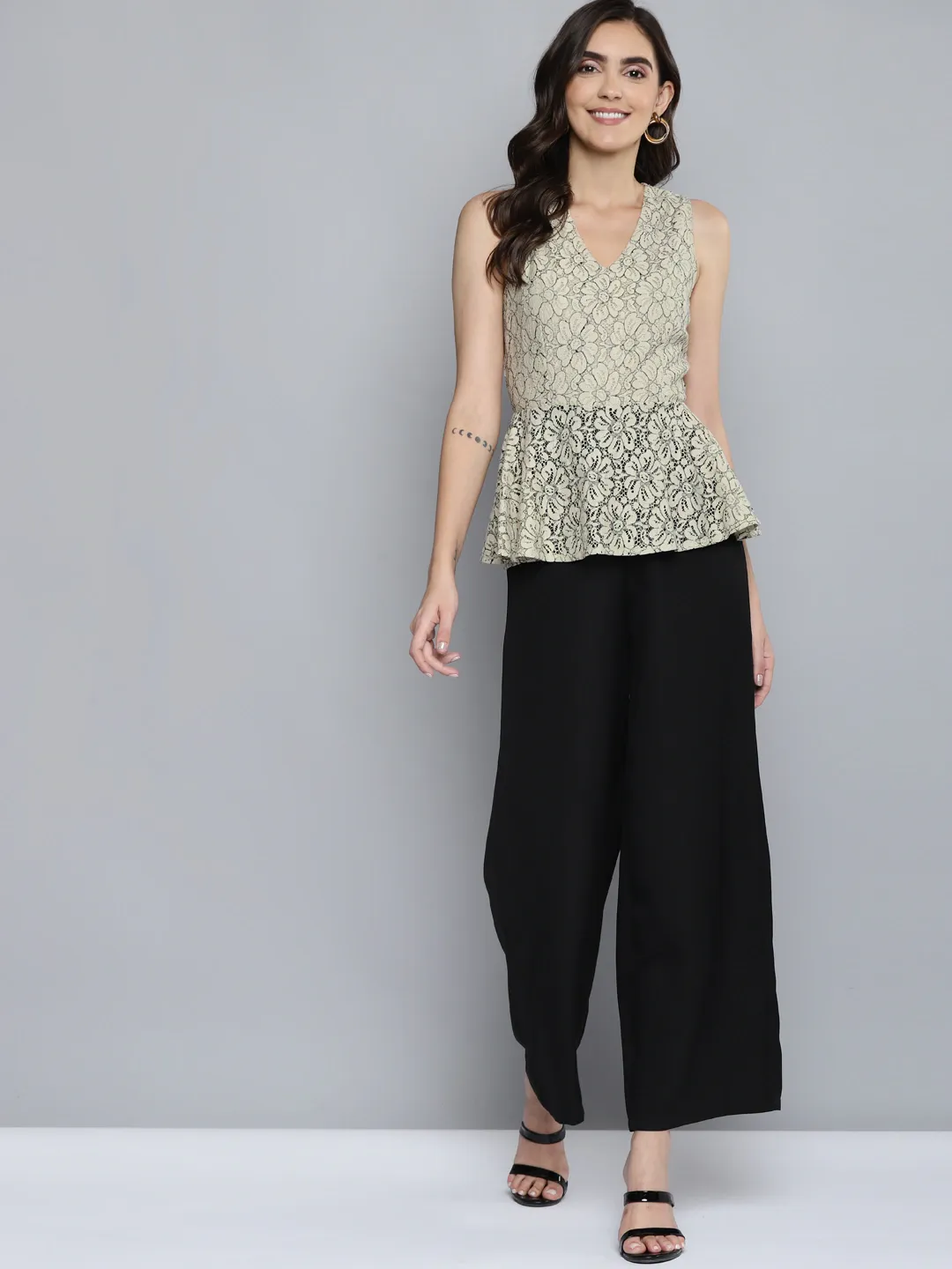 Women Beige Lace Sleeveless Peplum Jumpsuit