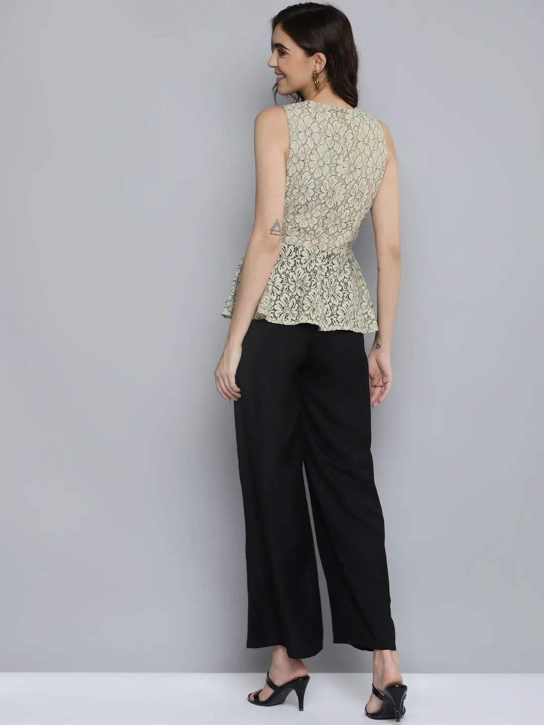 Women Beige Lace Sleeveless Peplum Jumpsuit