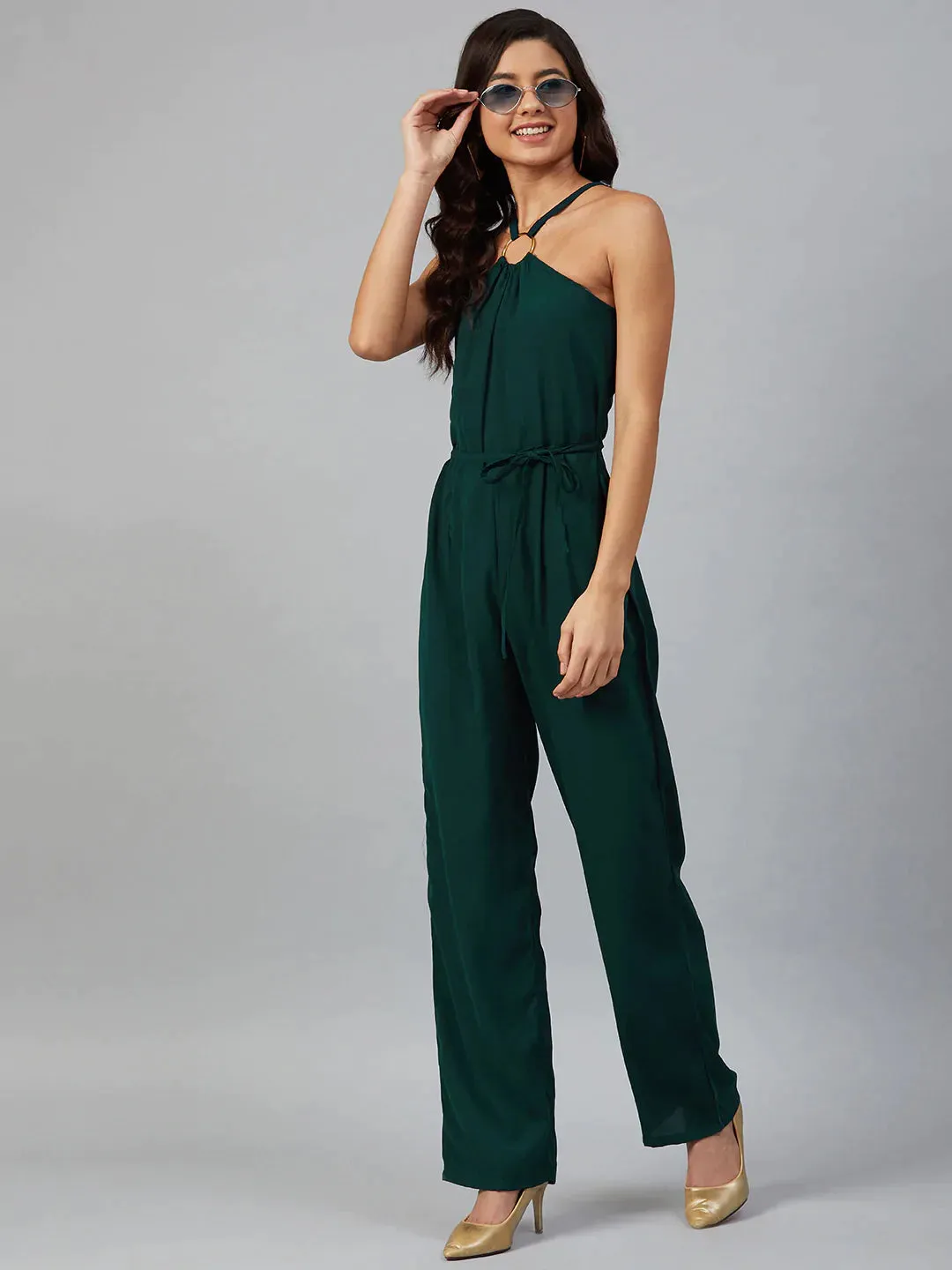 Women Green Solid Basic Halter Neck Basic Jumpsuit
