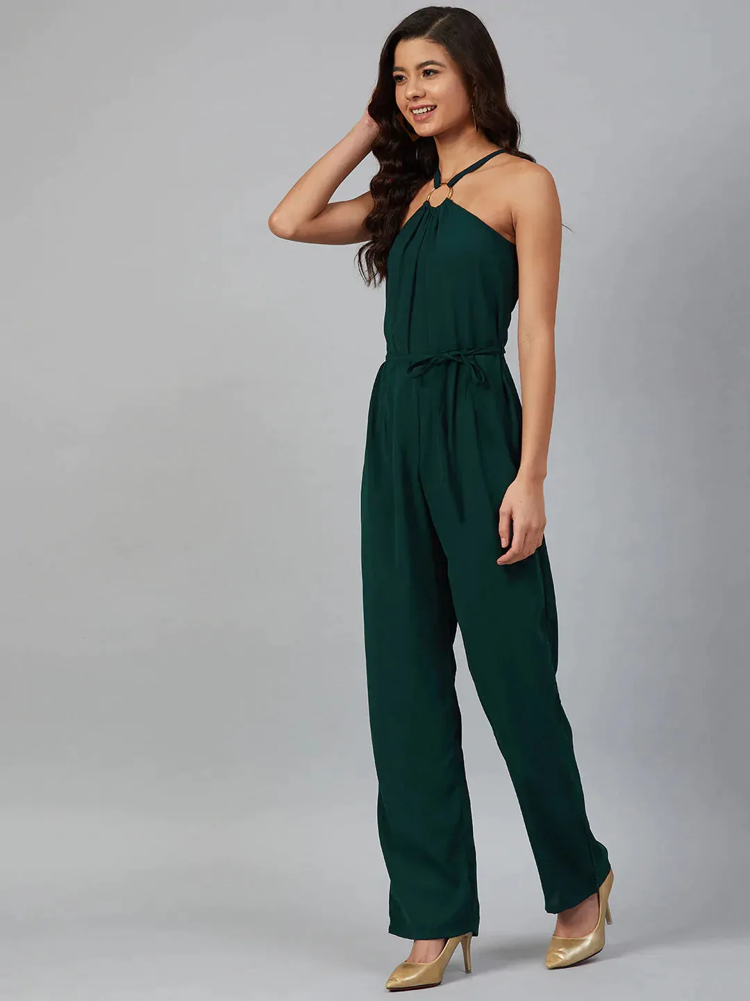 Women Green Solid Basic Halter Neck Basic Jumpsuit