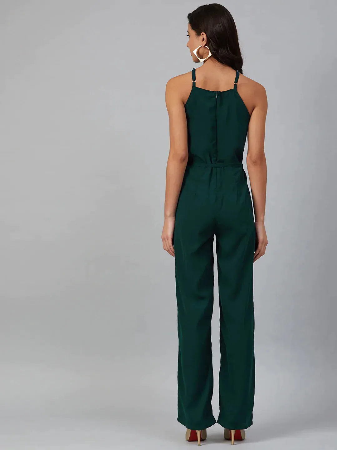 Women Green Solid Basic Halter Neck Basic Jumpsuit
