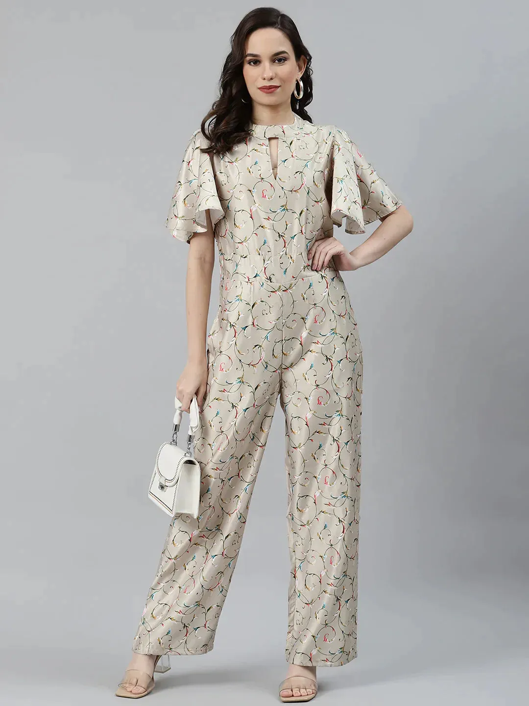 Women Lime Green & Off-White Printed Keyhole Neck Flared Sleeves Basic Jumpsuit