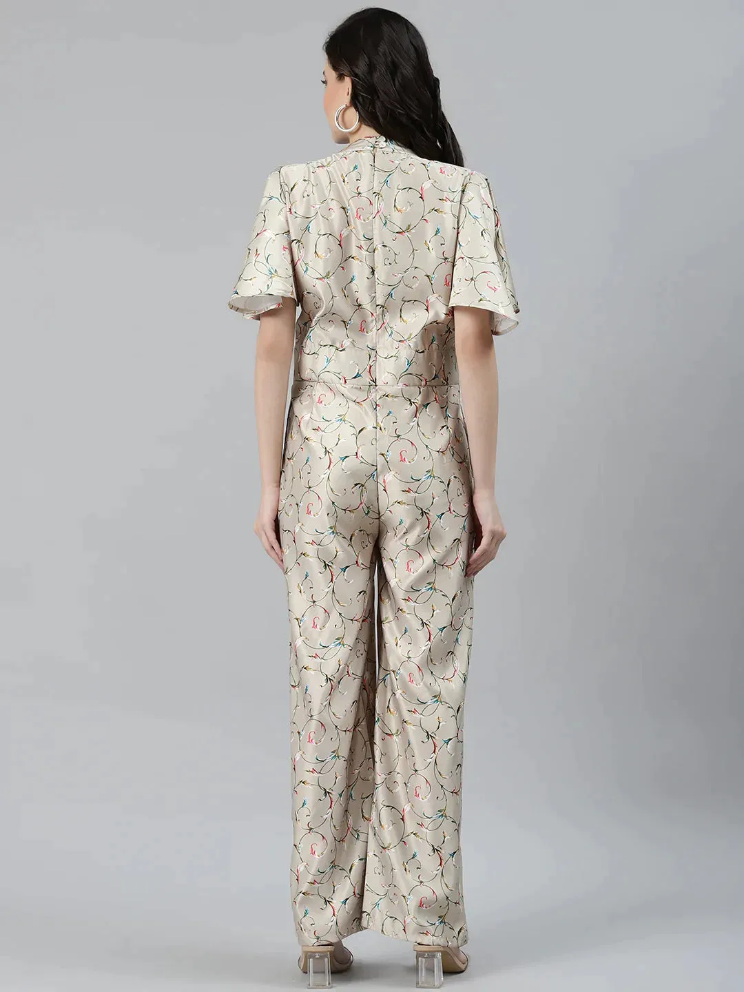 Women Lime Green & Off-White Printed Keyhole Neck Flared Sleeves Basic Jumpsuit