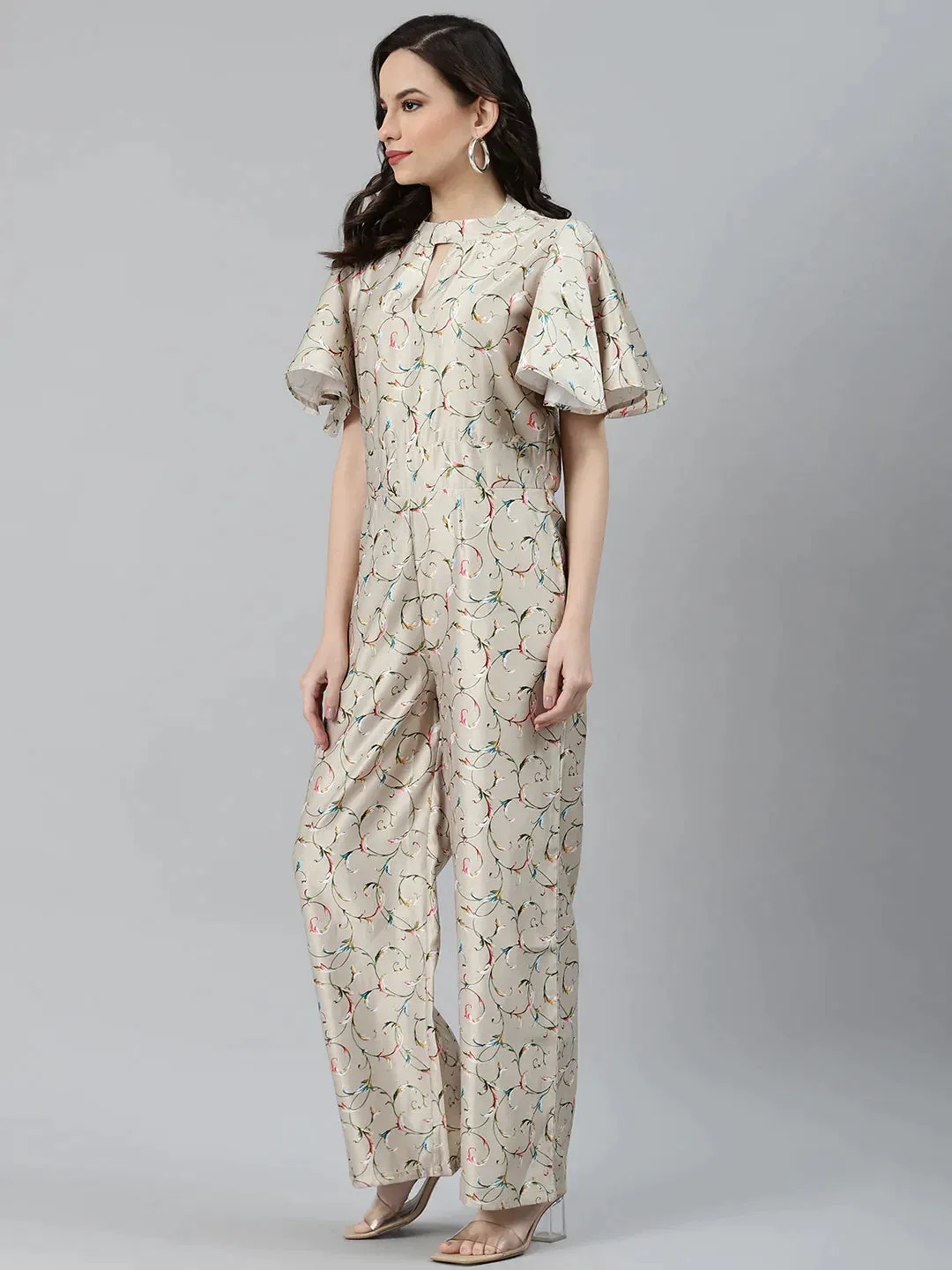 Women Lime Green & Off-White Printed Keyhole Neck Flared Sleeves Basic Jumpsuit