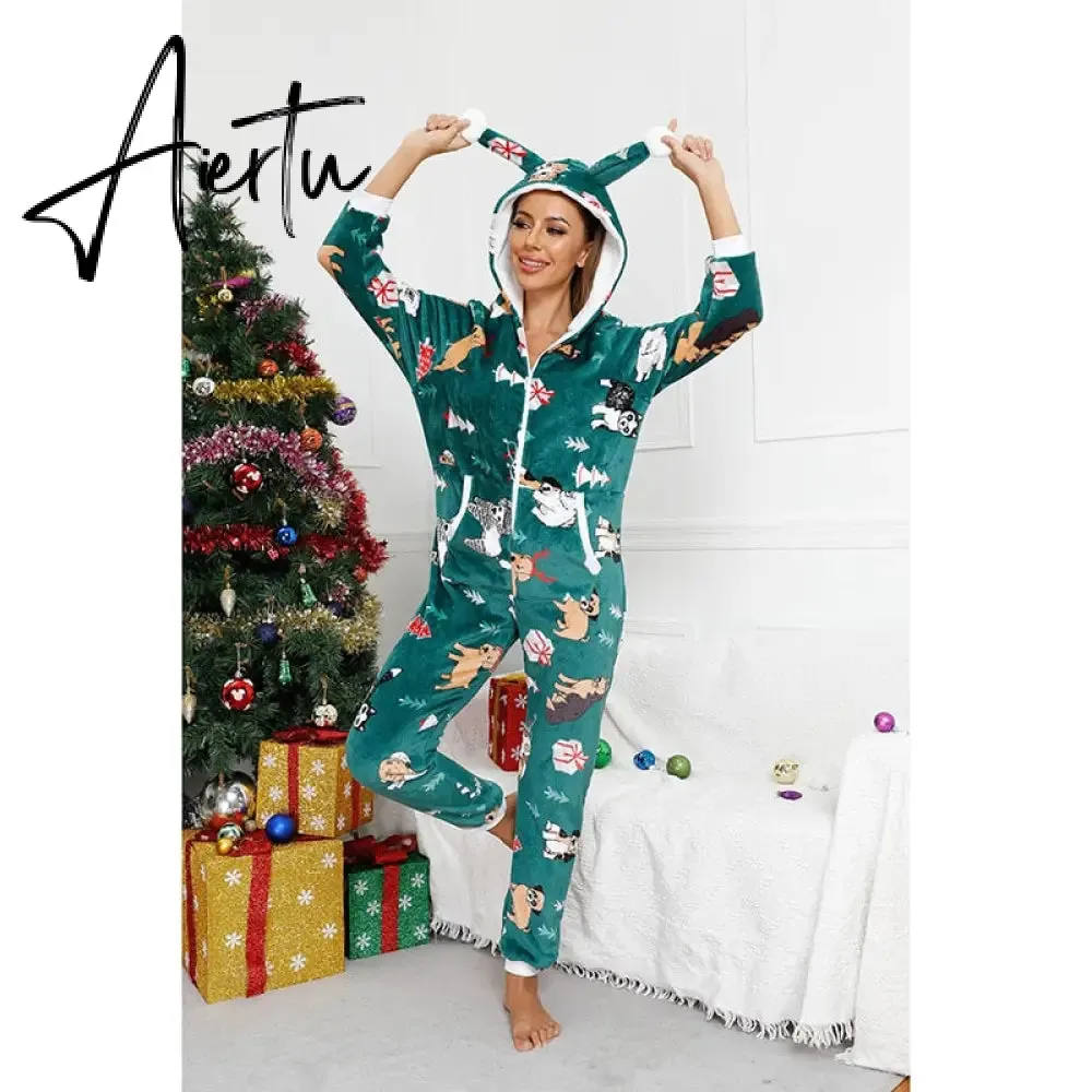 Women Winter Casual Nightwear Christmas Printed Long Sleeve Hooded Jumpsuit Loose Pajama Home Sleep Wear S/ M/ L/ XL/ XXL