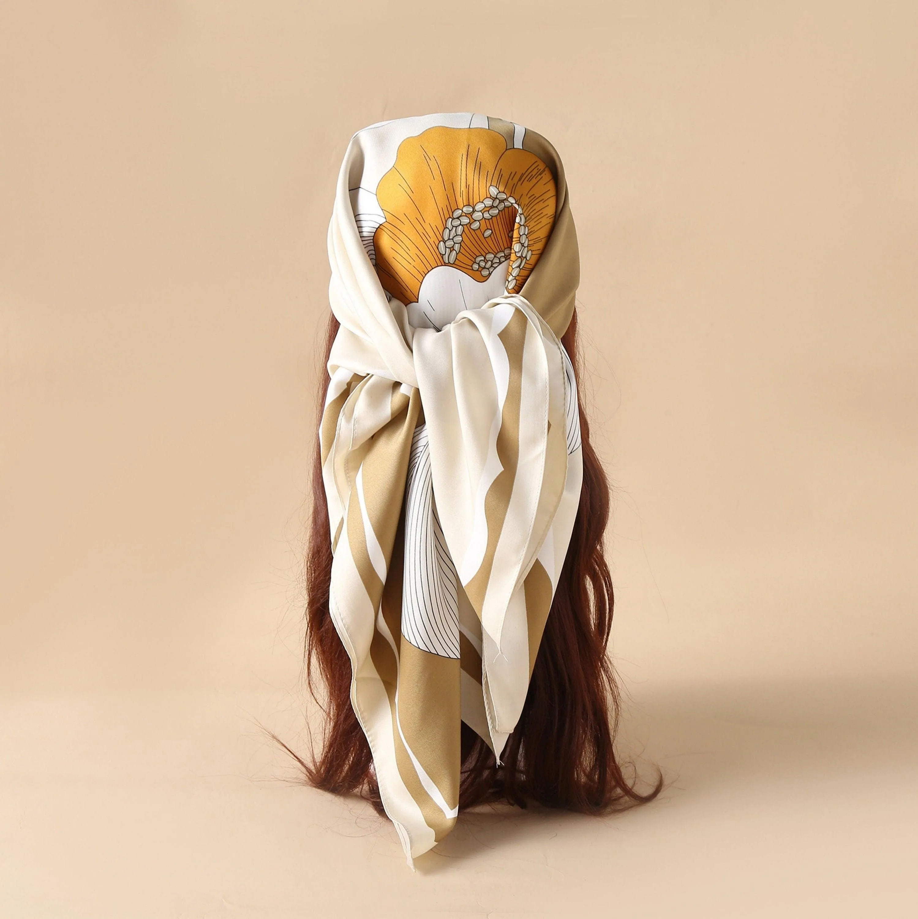 Yellow Flora Chic Large Satin Scarf | 90x90cm Bandana | Twill Satin Shawl | Perfect Gift for Her, Mother's Day