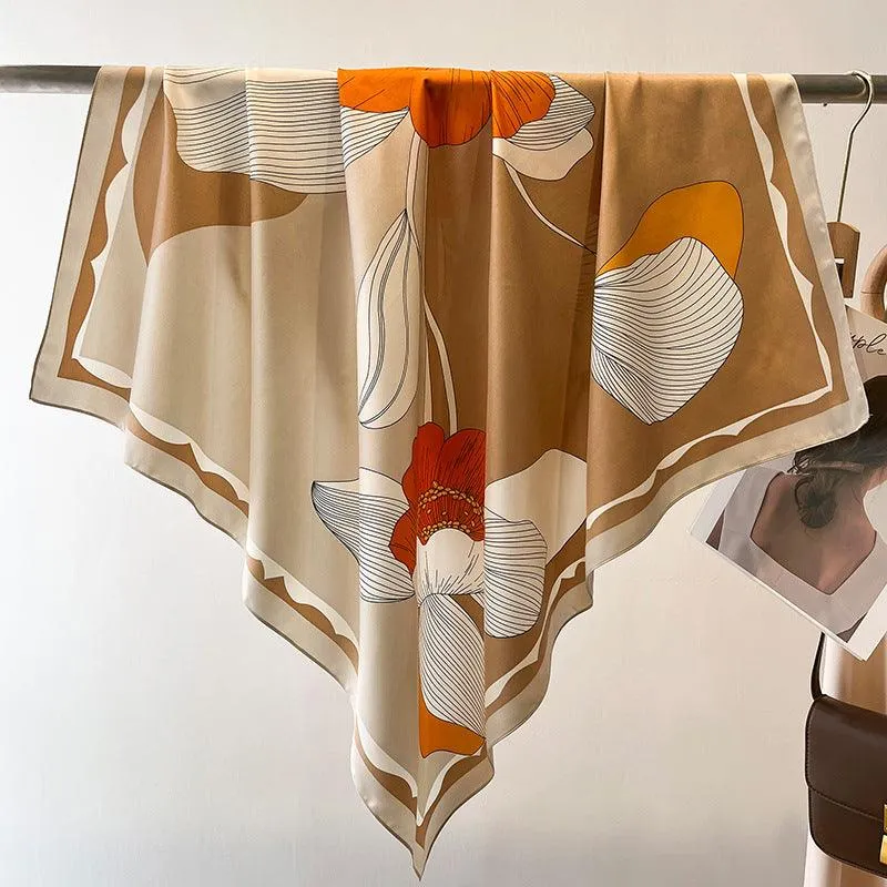 Yellow Flora Chic Large Satin Scarf | 90x90cm Bandana | Twill Satin Shawl | Perfect Gift for Her, Mother's Day